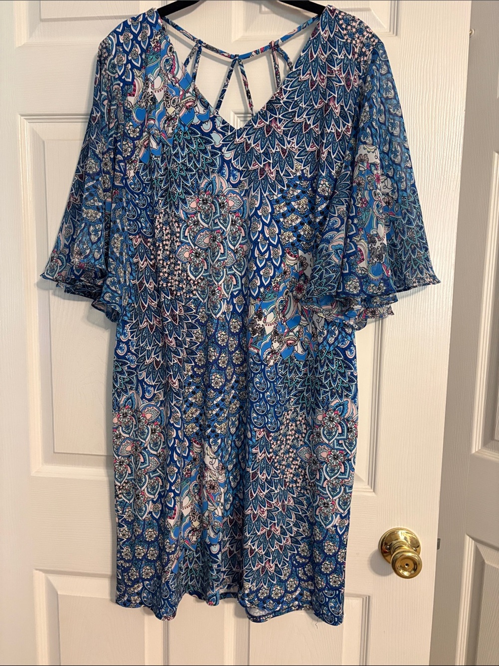 Blue Printed Mini Dress with Flutter Sleeves